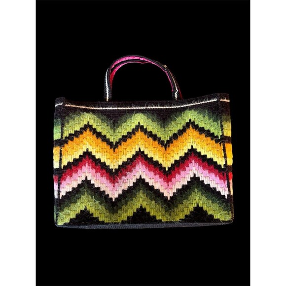 Vtg Handmade Bargello Needlepoint  Stitched Zig Zag Geometric Colorful Tote - Picture 1 of 11